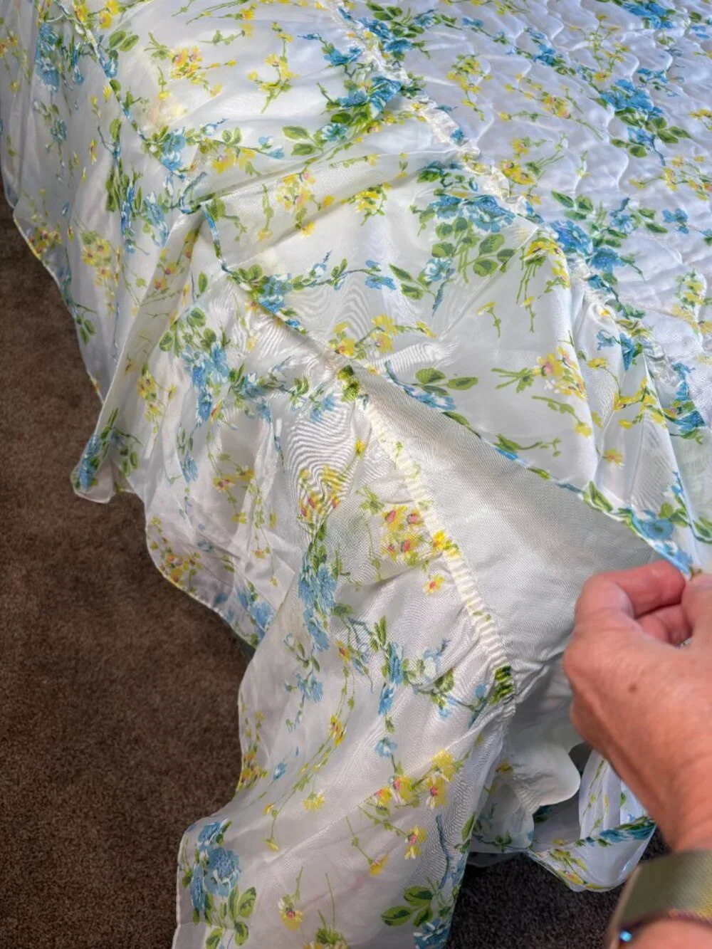 Delicate Vintage Blue & Yellow Floral Ruffled Twin Bedspread & Pillow Sham